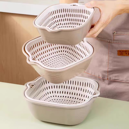 Double-layered vegetable sink drain basket fruit plate spit bone dish living room home kitchen fruit basket rounded medium gray white drain net plus basin