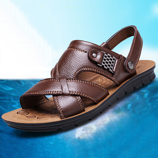 DADONG (DOPDO) 2025 SUMMERO Sandalias para hombres New Men's Tendy Leather Beach Beach Blay Capa de paletas de vaca Sandalias de hombres casuales 12129 Amarillo-marrón 38