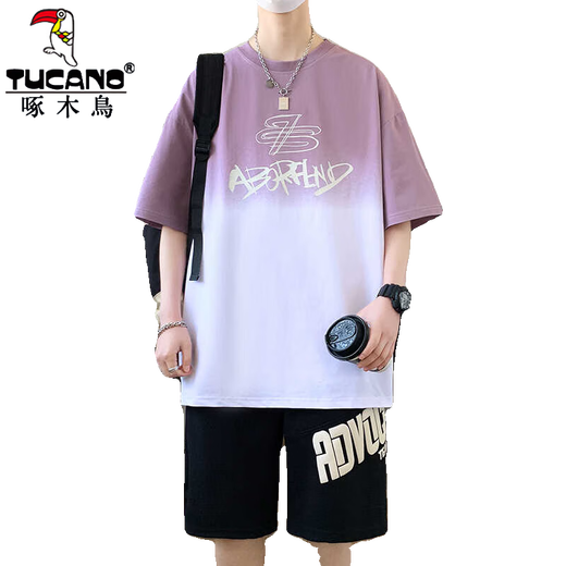 啄木鸟（TUCANO）青少年夏季短袖t恤12-15岁男孩衣服13初高中学生帅气大童夏装套装 6169-5紫色套装【短袖+黑短裤】 M (约75-100斤)