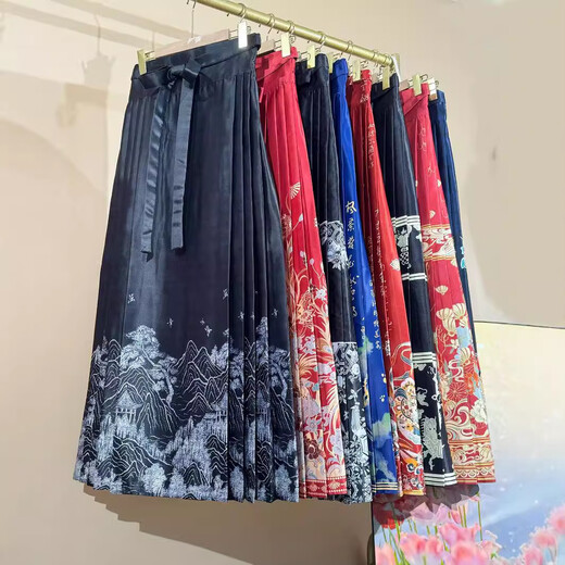喆炜一片式系带国风3D印花汉服马面裙百搭高腰显瘦通勤长款A字半身裙 9893黑色 均码