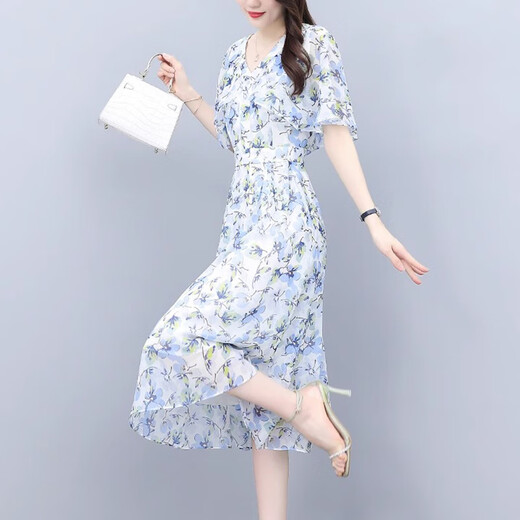 XAE奢侈高档品牌短袖连衣裙女2025夏季新款V领气质洋气雪纺碎花长裙 桔花 L