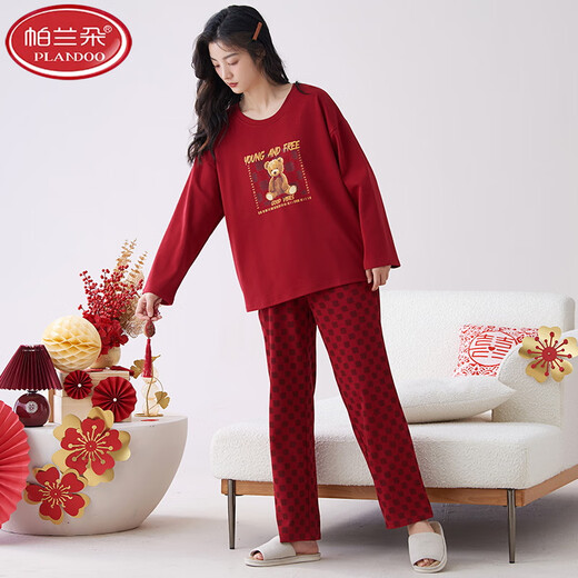 Palando Women's Pajama Set Wedding Festive Home Suit 2025 Spring and Summer Pure Cotton Red Native Year Round Can Wear Outer Pajamas Pa-QM 9227 Women XL Pa-(Female)