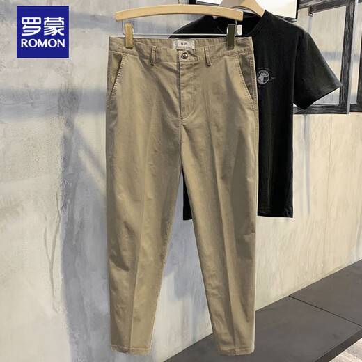 罗蒙（ROMON）纯色休闲裤纯棉长裤透气潮春夏季男裤韩版锥形修身男士裤子男 浅卡其九分 33 135-140斤