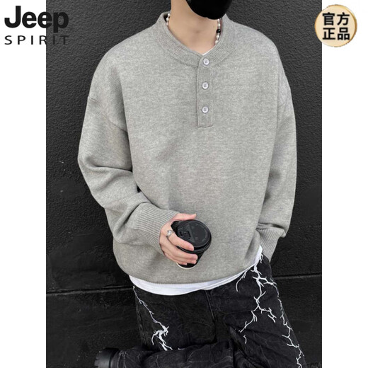 JEEP SPIRIT Gray American Henley Neck Sweater Men's Early Autumn Feeling Lazy Style Bottoming Sweater Cleanfit Inside Light Gray Henley Neck M (95-115Jin Jin is equal to 0.5kg)