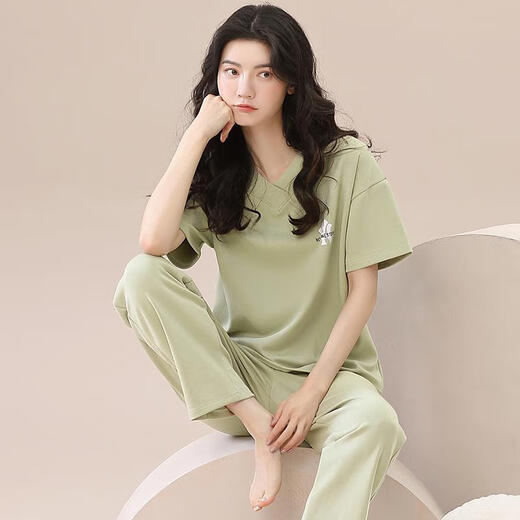 Catman (Miiow) Pajamas para mujeres Pure Cotton Spring and Summer 2025 Nuevos pantalones largos de manga corta con almohadillas para el pecho para ropa para el hogar de mujeres se pueden usar fuera del traje R679 sin almohadillas M estilo de mujer [80-100Jin [Jin equivale a 0.5 kg]]