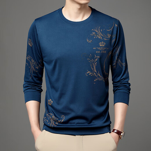 Camiseta de manga larga de seda de verano de mediana edad de mediana edad y jóvenes cuello redondo delgado 2025 nueva camiseta de la base de la base masculina de mediana