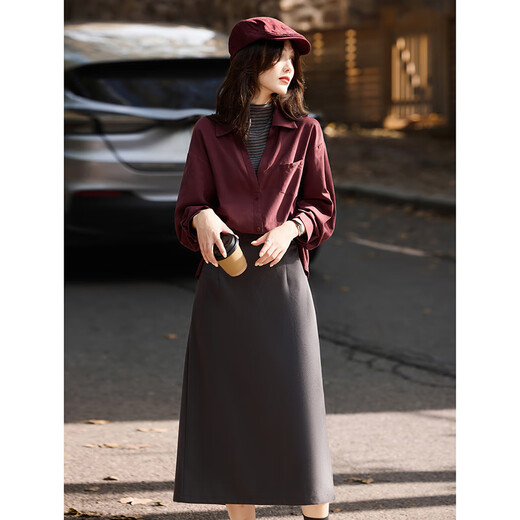 Awakening Paradise Fake Two-piece Shirt and Skirt Set Autumn and Winter Intelligent and Exquisite Retro Shirt A-Line Skirt Two-piece Set Gray S