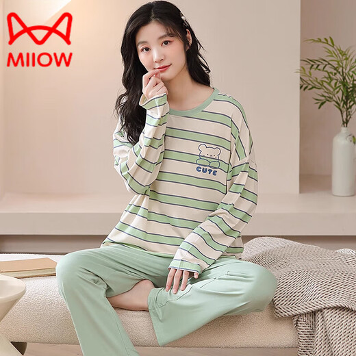猫人（MiiOW）轻奢莫代尔女士睡衣春秋套装薄款冰丝长袖秋季可外穿大码家居服 俞兆林-【莫代尔V领】3882 XL 【120-140斤】