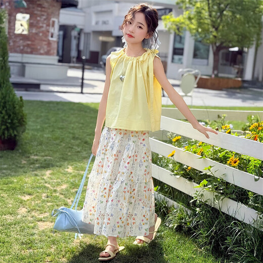 女童夏日一整套ootd甜美穿搭儿童夏款碎花半身裙背心上衣两件套 黄色 套装（背心上衣+半身裙） 150 （建议140以内）