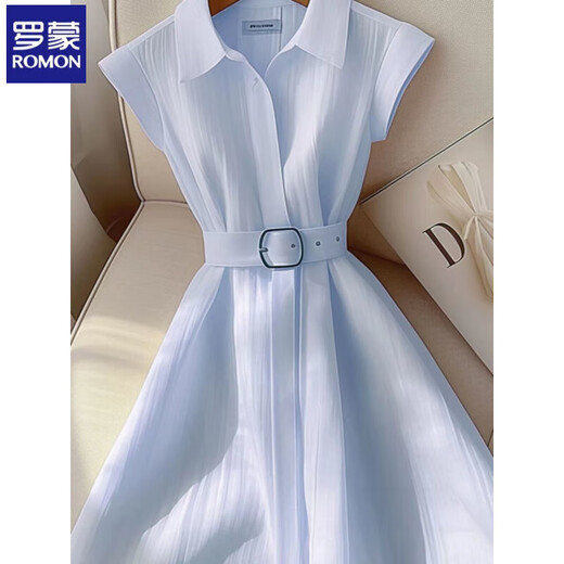 罗蒙今年夏季流行裙子女小众独特女神范气质时尚显瘦法式蓝色连衣裙女 蓝色 L 110-120斤