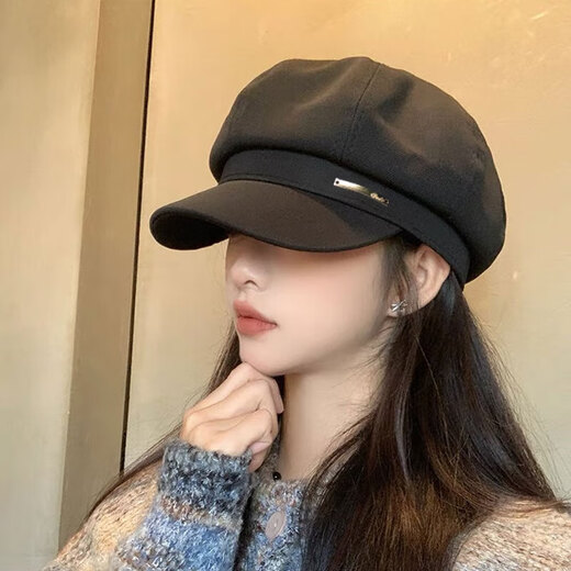 Tanbeiman beret women's spring and summer octagonal hat with large head circumference, new peaked cap, art painter hat, small face, fashionable and western style Octagonal beret, black, adjustable, one-size-fits-all, small face (head circumference 54-59cm)