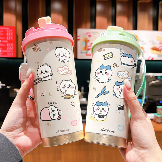 乌萨奇水杯保温杯乌萨奇保温杯学生女款带吸管大容量车载水杯 BXAB10975吉伊咔哇 520ML配挂绳白色彩绘打印