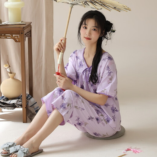 雅鹿国风睡衣女士夏季薄款国潮古风家居服套装休闲短袖七分裤女 9901# M