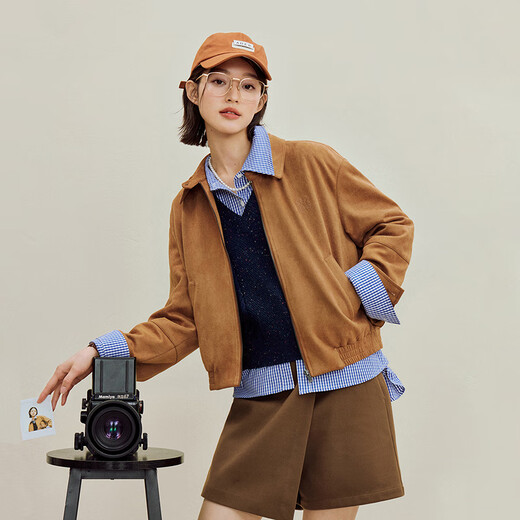 茵曼复古麂皮绒短外套2025秋女装新款百搭显瘦翻领夹克 咖啡色 M