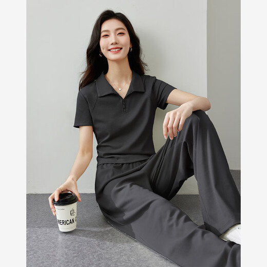 梵希蔓运动休闲套装女夏季新款Polo领t恤上衣阔腿裤两件套 碳灰色 S