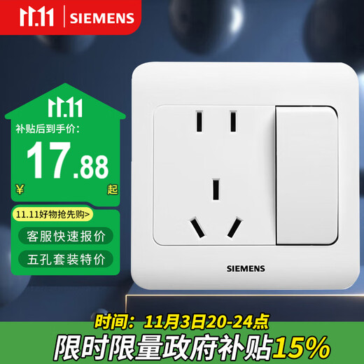 西门子（SIEMENS）开关插座 10A五孔带开关插座 暗装面板 远景雅白色5UB82243NC01