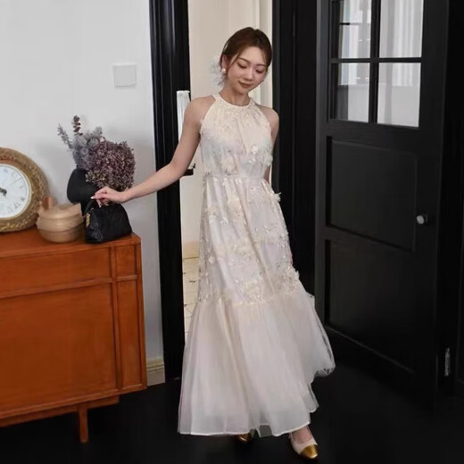 Tina Misu 2025 summer A-line version princess sleeveless suspender skirt vacation style spliced ​​long dress 9901# beige white, single size