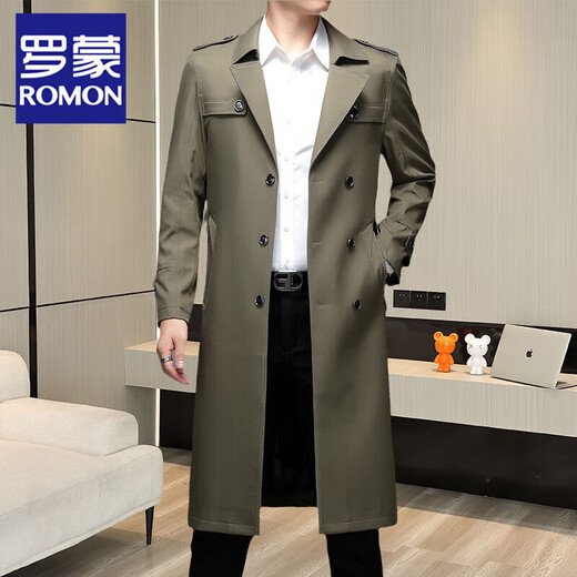 ROMON extra long over the knee spring and autumn versatile windbreaker men's mid-length trendy 2025 autumn and winter new coat double-breasted coat 2168-135 Khaki over the knee L 120-140 Jin Jin equals 0.5 kg