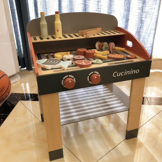 Chengliu children's barbecue table toys wooden play house kitchen cooking BBQ supermarket grill girl June 1st holiday gift Nordic style wooden combination four-piece set