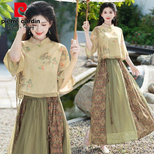 Pier Cardin summer new Chinese style oriental classical Chinese style jacquard slanted slanting temperament stand collar button top spliced ​​skirt suit 1043 green + 12161 brown L