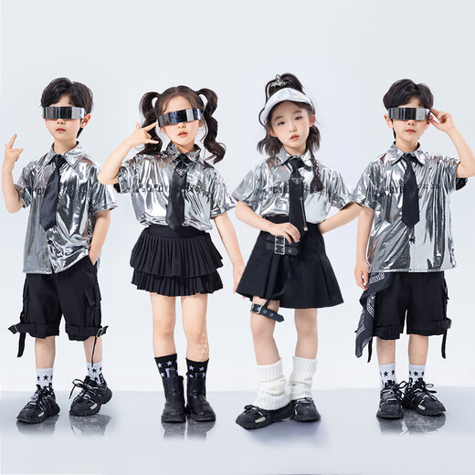 Poresno Tecnología para niños Catwalk Sense Catwalk Catwalk 1 de junio Danza callejera de la calle Termumos de moda niñas Jazz Boys Future Drums Performance Mangas cortas: A694 Top de cuero brillante plateado + B317 Negro 2 110 cm de talla individual