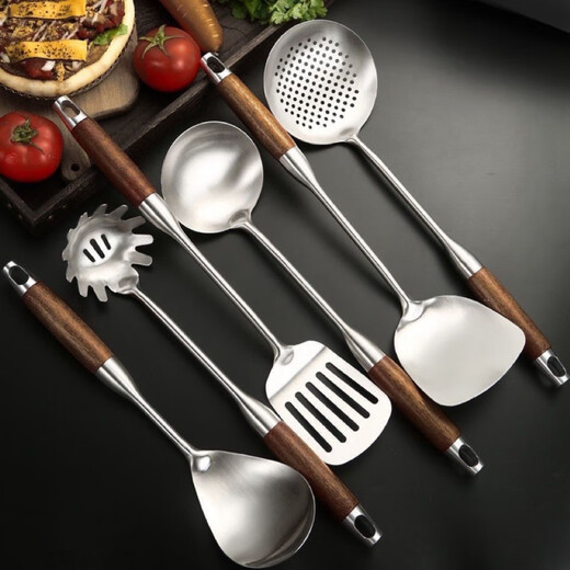 Fat Donglai thickened 316 stainless steel kitchen utensil set for home kitchen cooking spatula and ladle, German 316 material, wood grain plastic handle, spatula + soup spoon + frying spatula + colander, 4-piece set (