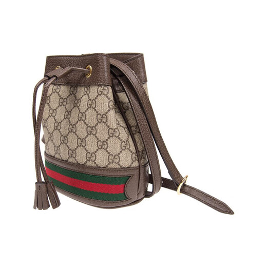 古驰（GUCCI）Ophidia 复古老花Logo条纹织带抽绳 帆布拼皮 水桶包斜挎单肩包 送礼套装(基础装+原盒+原装手提