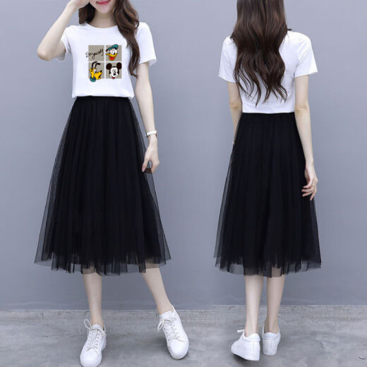 皮尔卡丹（pierre cardin）小个子连衣裙套装女夏季2025新款t恤网纱裙两件套上衣半身裙子女 6198#白色上衣+黑色裙 S