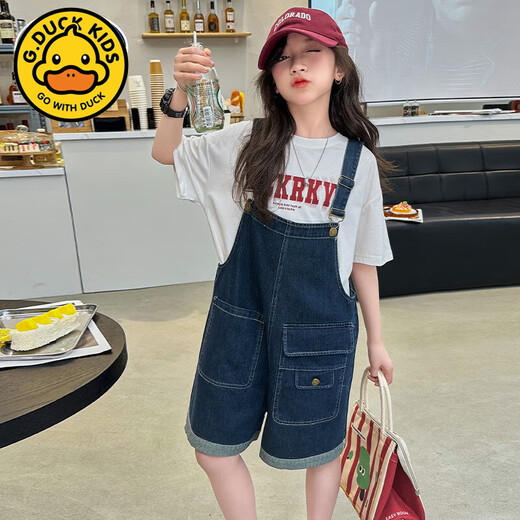 
G.DUCKKIDS girls overalls summer suit 2025 new fashionable and fashionable children's short-sleeved medium-large children's summer denim shorts white short-sleeved + denim shorts two-piece set 170 cm