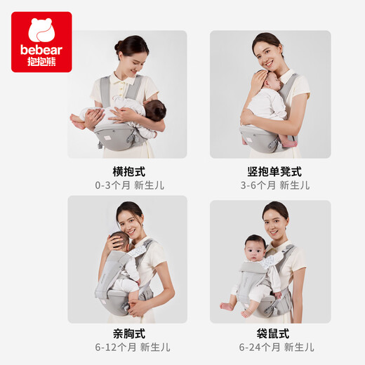 Hug Bear Baby Multifunctional Baby Back Strap Waist Stool Universal for All Seasons Lightweight Front and Back Baby Holding Artifact V29-Mist Gray