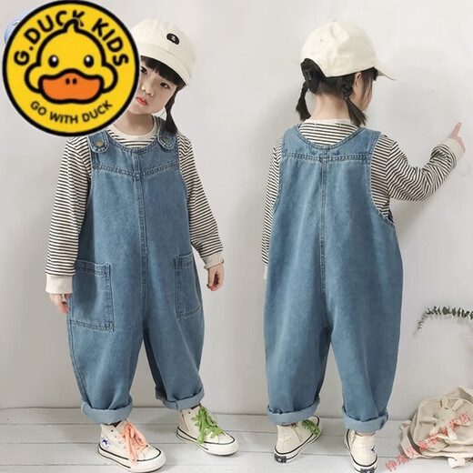 G.DUCKKIDS儿童裤子韩版春秋新品2025女童背带裤宽松牛仔宝宝可爱大PP连体裤 浅蓝色宝宝背带裤 100 cm