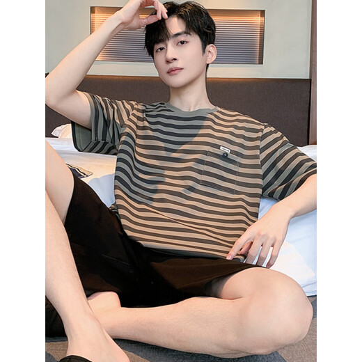 康多蜜男士睡衣夏季纯棉男短袖短裤款純棉家居服条纹休闲可外穿夏款宽松 YZT679男 L [建议110-135斤穿]