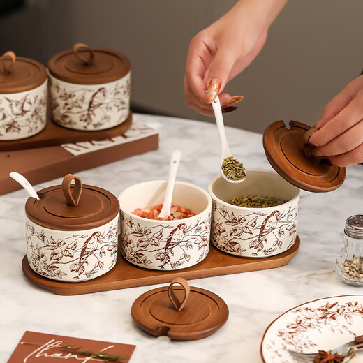 Timeless Queyue Branch Ceramic Seasoning Jar Set Home Kitchen Seasoning Salt Shaker Combination High-Level 3 Packs of Queyue Branch Seasoning Jars - With Storage Tray