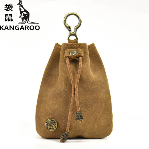 袋鼠（KANGAROO）牛皮硬币包文艺迷你钥匙包零钱包复古短皮革小钱包数据线收纳包 NC0004-疯马棕红