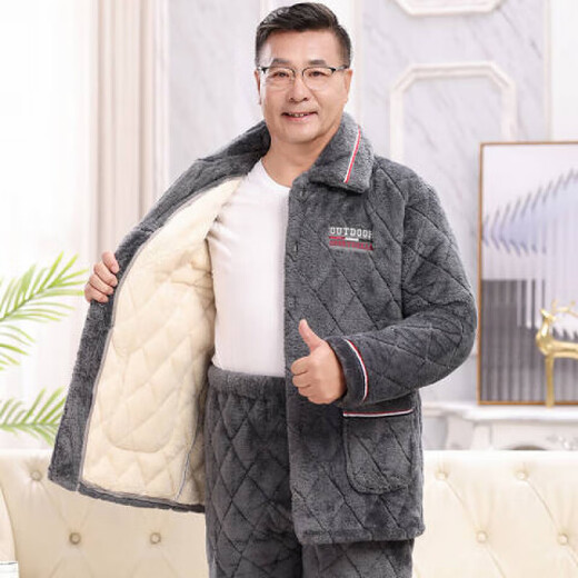 Pajamas de Dandian pour hommes en hiver, coton à trois couches plus veste en coton épaissis en velours corallien moyen et âgé de papa de l'âge moyen C9901 # hommes gris noir [Velvet de lait] L (100-125jin [Jin équivaut à 0,5 kg]) à trois couches épaisse