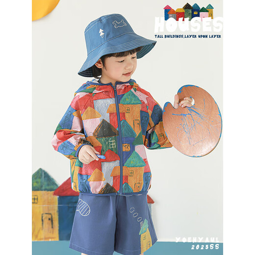 幼悠男童夏季连帽遮阳防晒衣清凉短袖t恤宽松短裤油画小镇系列套装 包包蓝色S1726 均码