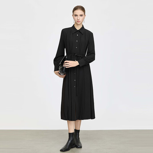 S.DEER Women's 25th New Hepburn Style Lapel Pleated Waist Shirt Dress S25361202 Black/91 S