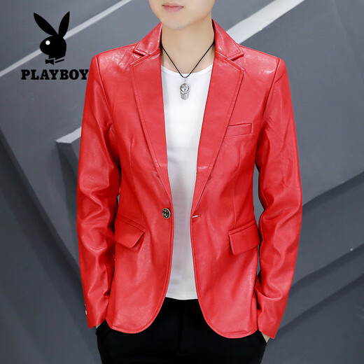 Playboy (PLAYBOY) youth slim personality leather suit spring and autumn Korean style trendy men's handsome suit British casual single suit jacket 8805 white M