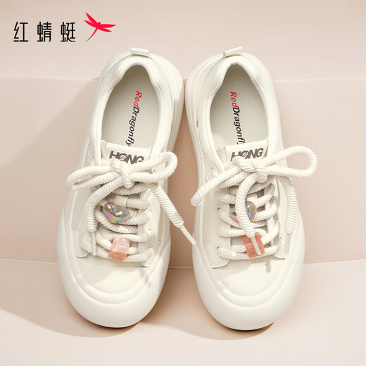 红蜻蜓泡芙面包鞋2025春季百搭小白鞋丑萌厚底板鞋女WTB15280 米白色 39