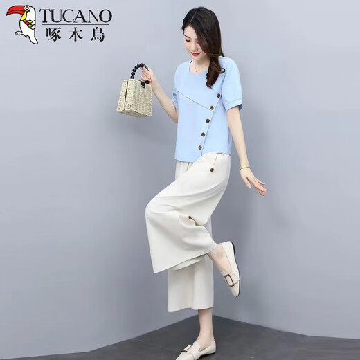 Woodpecker Fashion Cotton and Lines Set Women's Short Sleeve Fashion Spring Clothing New Temperament Slimming Loose Line Wide Legs Two-piece Set Trendy Light Pink Clothes + Apricot Pants Thin M [Suggest weight 95-105 Jin [Jin equals 0.5 kg]]