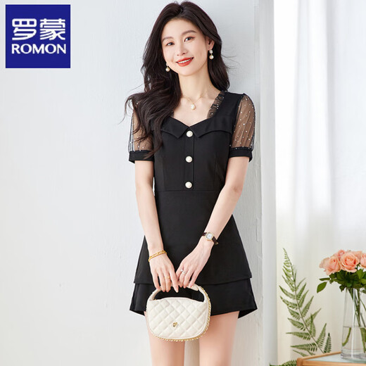Romon modische Spleiß-Chiffon-Anzug für Frauen im Sommer Neuen Stil, Taille-Hugging und Slimming Kurzärärmelte Top + Shorts zweiteilige Bildfarbe L.