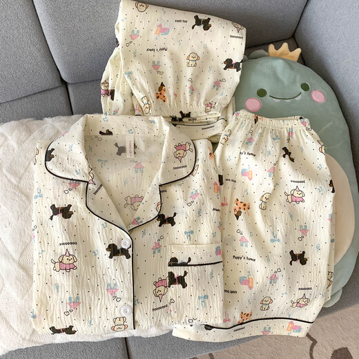 Ji Yafu Crayon Xiaoxin Summer Three-Piece Set Pajamas Women's Short Sleeve Long Trousers Thin Ins Style Summer Cotton Yarn Home Clothing Yunduo Cotton-J9901# Paradise Puppy Three-Piece Set L [Suggested 100-120Jin [Jin equals 0.5 kg]]