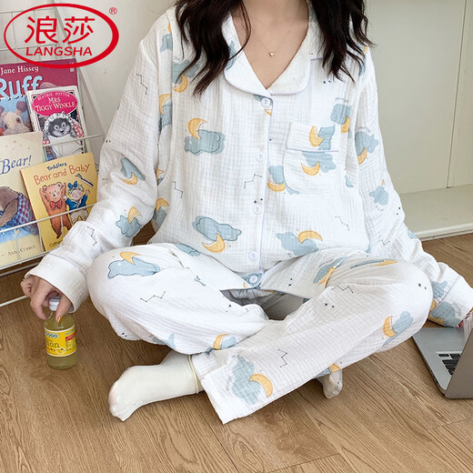 浪莎（LangSha）月子服夏季薄款纯棉纱布产后透气吸汗春秋哺乳孕妇睡衣可调节全棉 艾A1047和服黄色小菊花 M 建议85-100斤】
