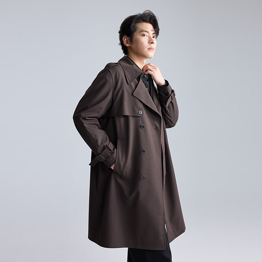 Lilang Polyester-Spandex Blended Windbreaker Men's Fashionable Textured Lapel Double-breasted Long Jacket Brown XL (175)