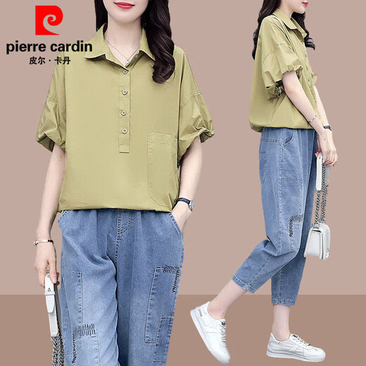 Pier Cardin 2025 Summer New Korean About Shirt à manches courtes pour les femmes en deux pièces de taille élastique coréenne Suit 1429 # Top blanc [Top simple] L [recommandé 100-115Jin [Jin est égal à 0,5 kg]]]