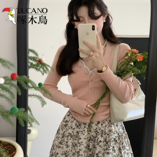 啄木鸟（TUCANO）纯欲修身V领蕾丝边打底衫女秋冬季内搭高级感毛衣长袖针织衫上衣 粉红色 S 建议75-95斤