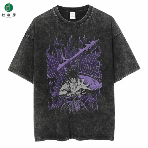 攸帝娣新款街头水洗做旧复古日系火影忍者Naruto动漫棉T恤男夏季短袖 B1396水洗黑 S
