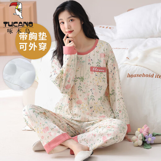 TUCANO;啄木鸟带胸垫一体国风长袖睡衣套装女棉春秋季夏冬款家居服可外穿大码 HRY1047 L (建议95-115斤)