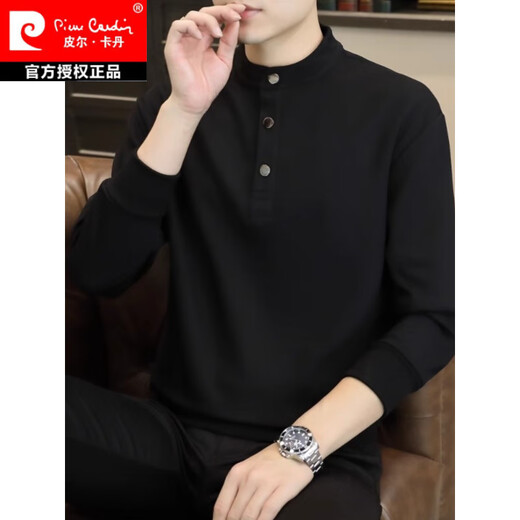 Pierre Cardin stand collar sweatshirt men's spring and autumn trendy Henry collar Polo shirt trendy brand casual men's pullover long-sleeved bottoming shirt WY2288 black style regular XL