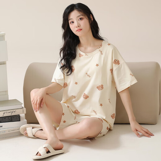 睡衣女夏季带胸垫2025年新款夏天纯棉圆领短袖短裤套头家居服套装 Z1343 L